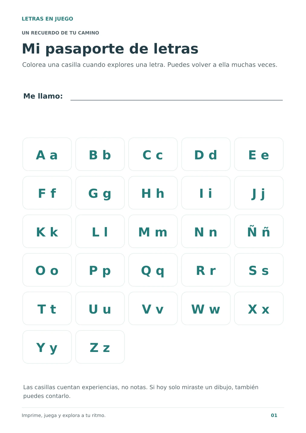 Pasaporte para marcar las letras exploradas
